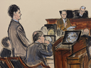 In this courtroom sketch, Sam Bankman-Fried, far left, stands to hear the verdict in his crypto fraud trial with Judge Lewis Kaplan presiding on the bench in Manhattan federal court, Thursday, Nov. 2, 2023.