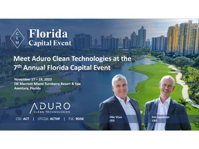 Aduro is excited to announce its participation in the 7th Annual Florida Capital Event in Aventura, Florida, from November 17–19, 2023 hosted by Capital Event Management Ltd, ("CEM")