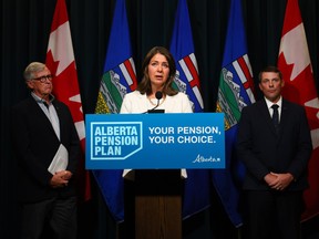 Alberta Premier Danielle Smith, President of Treasury Board Nate Horner and Finance Minister Jim Dinning release a report on a potential Alberta Pension Plan.