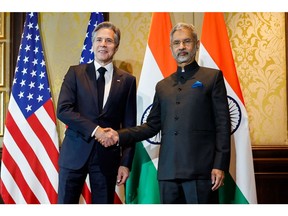 Antony Blinken and Subrahmanyam Jaishankar in New Delhi on Nov. 10. Photographer: Jonathan Ernst/AFP/Getty Images