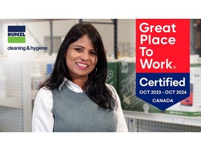 Geeta Devi, an Edmonton-based Bunzl Cleaning & Hygiene Customer Service Representative, who has been with the company for more than a decade, celebrates Bunzl Cleaning & Hygiene's dedication to talent development, diversity and culture.