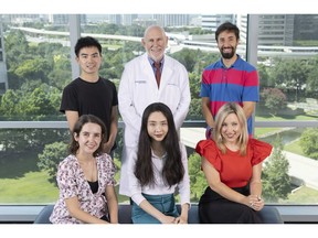 International Postdoctoral Scholars in Cancer Research, Class of 2023. Back Row: Dongqi Xie, Ph.D. (left), Principal Investigator Jerry Shay, Ph.D. (middle), Pedro Nogueira, Ph.D. (right); Front Row: Debora Andrade Silva, Ph.D. (left), Hong-Yi Liu, Ph.D. (middle), and Maria Del Chica Parrado, Ph.D. (right).