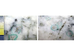 Figure 1: Photos of mineralization, Left: at ~79.3m in NFGC-23-1523, Right: at ~80.1m in NFGC-23-1523 ^Note that these photos are not intended to be representative of gold mineralization in NFGC-23-1523.
