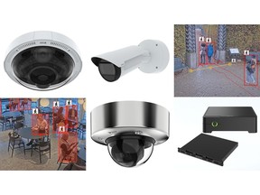 Axis Communications introduces new deep learning-enabled panoramic, bullet, and dome cameras, compact video recorders, and enhanced analytics at ISC East 2023. (From top left: AXIS P3735-PLE, AXIS Q1805-LE, AXIS Object Analytics: Crossline counting, AXIS Object Analytics: Occupancy in area, AXIS P3268-SLVE, and AXIS S3008 Mk II & AXIS S3016)