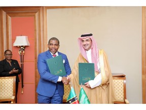 SFD's CEO, H.E. Sultan Al-Marshad (right), poses for a photo with the Prime Minister of Saint Kitts and Nevis, Hon. Terence Drew, following the signing of a Memorandum of Understanding (MoU)