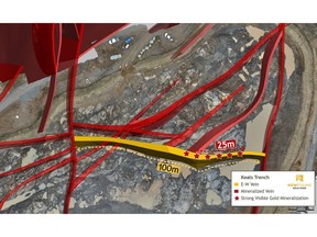 Figure 1: Keats trench plan view map with location of strong visible gold mineralization in the E-W Vein