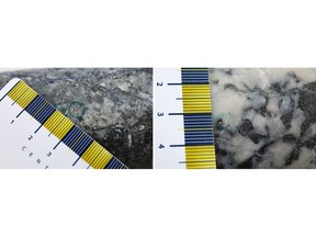 Figure 1: Photos of mineralization from: Left: NFGC-23-1868 at ~17.3m, Right: NFGC-23-1552 at ~227.6m, ^Note that these photos are not intended to be representative of gold mineralization in NFGC-23-1552, and NFGC-23-1868.