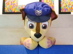 A paw patrol stuffed toy sits on display during a press conference, in Toronto, on Wednesday, Oct. 11, 2023. An executive at Spin Master Corp. says across the toy industry, October sales at the store level have been disappointing and well below retailers' plans.THE CANADIAN PRESS/Chris Young