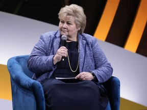 FILE - Former prime minister of Norway Erna Solberg participates in the Global Citizen NOW conference in New York, Friday, April 28, 2023. The Norwegian police's economic crime said Friday, Nov. 3, 2023, it will not investigate the stock trading of the husband of Norway's former center-right prime minister Erna Solberg during her two tenures in office.