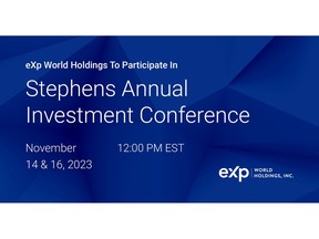 eXp Founder and CEO Glenn Sanford and other eXp Senior Management Will Take Part in Investor Conferences on Tuesday, Nov. 14 and Thursday, Nov. 16