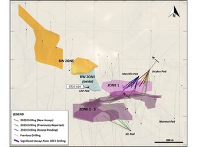Showing RW (orange) and Southwall (purple) mineral resource zones, as well as the RW Oxide Zone (no mineral resource to-date) with location of mineralized geotechnical drillhole GT23-024.