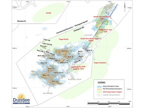 Plan view of the Chelopech mining concession, Chelopech North Commercial Discovery and Brevene exploration licences, indicating target zones for DPM's 2024 in-mine and brownfield exploration program as well as the section line (A-A') shown in Figure 2.