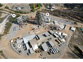 October 2023 aerial view of the Caraíba Operations shaft project, including (A) the permanent rock and personnel winders, (B) the completed shaft headframe, (C) the stage winder foundation, and (D) engineering and administrative buildings.