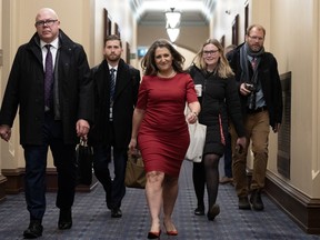 Deputy Prime Minister and Minister of Finance Chrystia Freeland makes her way to a cabinet meeting on Parliament Hill, Tuesday, November 21, 2023 in Ottawa. The Liberal government released its fall economic statement on Tuesday.