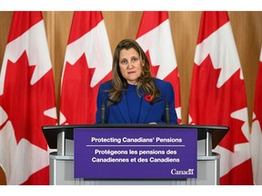 Chrystia Freeland speaks during a news conference in Ottawa on Nov. 3.