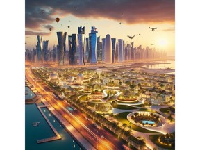 AI generated image of what the skyline of Doha could look like in the future after deploying smart city technologies.