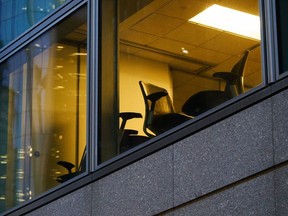 Empty office chairs inside Goldman Sachs headquarters in New York