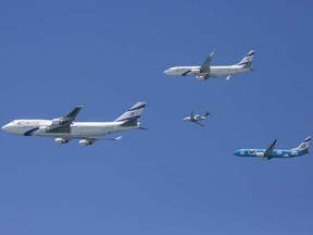 Aircrafts of Israel's El-Al airline perform during an air show in 2015. Israel’s El Al has stopped flying over much of the Arabian peninsula, adding several hours to some flights.