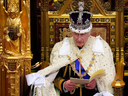 King Charles delivers the Speech from the Throne on Tuesday, Nov. 7, 2023,  in the House of Lords chamber, during the State Opening of Parliament, at the Houses of Parliament, in London.