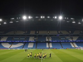BSC Young Boys players attend a training session at the Etihad Stadium, Manchester, England, Monday Nov. 6, 2023, ahead of their Champions League match against Manchester City on Tuesday.