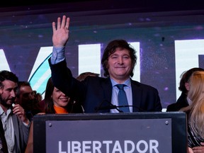 Javier Milei, presidential candidate for the Liberty Advances party, during an election night rally at the party's headquarters in Buenos Aires, Argentina.