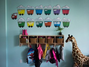 Children's backpacks and shoes at a daycare facility in Langley, B.C.