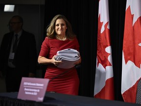 Minister of Finance Chrystia Freeland arrives at a news conference before the tabling of the fall economic statement in Ottawa.
