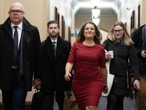 Deputy Prime Minister and Minister of Finance Chrystia Freeland makes her way to a cabinet meeting on Parliament Hill in Ottawa.