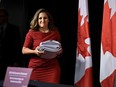 Minister of Finance Chrystia Freeland arrives at a news conference before the tabling of the fall economic statement in Ottawa.