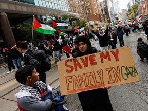 Demonstrators in support of Palestinians wave Palestinian flags and signs during a protest in Toronto.