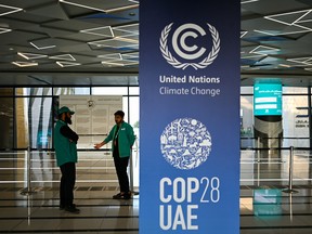 A COP28 sign in a metro station in Dubai, ahead of the United Nations climate summit.