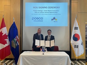 Invest Alberta CEO Rick Christiaanse and Kyung Sub Lee, Executive Vice President of Battery Materials Business Team for POSCO Holdings at the Canadian Embassy in Seoul