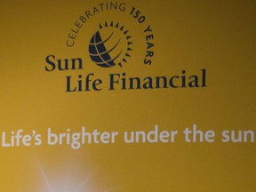 Insurer Sun Life Financial Inc. will report its third-quarter results after financial markets close Monday. The Sun Life Financial Inc. logo is shown at the company's annual general meeting in Toronto on Wednesday, May 6, 2015.