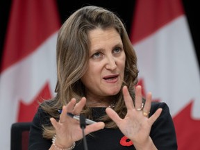 Finance Minister Chrystia Freeland speaks during a news conference, Tuesday, Nov. 7, 2023 in Ottawa. Freeland will present the government's fall economic statement on Tuesday afternoon. The statement is expected to provide an update on the state of the economy and the government's economic plan since the spring budget.