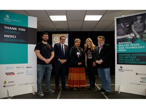 From left to right : Tommaso Maffei, Skills/Compétences Canada Alumni, Nick Katalifos, Director General, English Montreal School Board, Elder Niioieren, from Kanien'kehá:ka nation, Cynthia Gauthier, Monster Jam Rider, and Dr. Patrick Rouble, President, Skills/Compétences Canada, attend NSTTW 2023