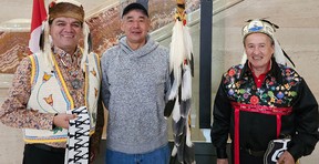 Duke Peltier, former chief of Wikkwemkoong and negotiator, Robinson Huron Treaty Litigation, left; Leroy Bennett, knowledge keeper from Sagamok Anishnawbek First Nation and Angus Toulouse, chief of Sagamok Anishnawbeck First Nation, stand outside the courtroom at the Supreme Court of Canada in Ottawa, where they attended the appeal of the Government of Ontario on some lower court rulings in the treaty case earlier this month.