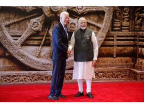 Biden and Modi ahead of the G20 Leaders' Summit in New Delhi in September. Photographer: Ludovic Marin/AFP/Getty Images