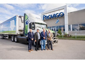 Loblaw Companies takes delivery of their first two Volvo VNR Electric trucks to service stores in the Greater Montreal Area. Pictured (L-R) Matthew Blackman, regional vice president for Canada, Volvo Trucks North America with Michel Larocque, president of Camions Montreal; Wayne Scott, senior director, transport maintenance, Loblaw Companies Ltd. and Paul Kudla, managing director for Canada, Volvo Trucks North America.