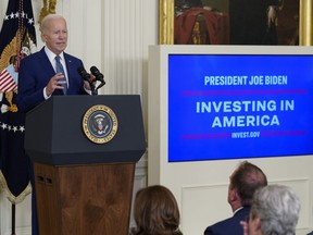FILE - President Joe Biden speaks during an event about high speed internet infrastructure, in the East Room of the White House, June 26, 2023, in Washington. The Biden administration has started 40,000 construction projects since the passage of major infrastructure legislation two years ago and is seeking to make the case that continued progress could depend on keeping Joe Biden in the White House after 2024.