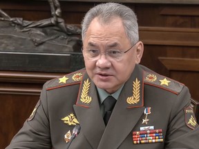 In this photo taken from video released by Russian Defense Ministry Press Service, Russian Defense Minister Sergei Shoigu speaks to Gen. Zhang Youxia, vice chairman of China's Central Military Commission during their talks in Moscow, Russia, Wednesday, Nov. 8, 2023. (Russian Defense Ministry Press Service via AP)