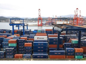 Shipping containers stacked at the Port of Keelung in Keelung, Taiwan, on Wednesday, Nov. 24, 2021. Taiwan, home to several major producers of leading-edge semiconductors, has been among the biggest beneficiaries of a global rebound in trade as the Covid-19 pandemic eases. Photographer: I-Hwa Cheng/Bloomberg
