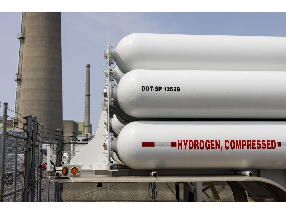 Hydrogen tanks in a storage area at the Constellation Nine Mile Point Nuclear Station in Scriba, New York, US, on Tuesday, May 9, 2023. Constellation Energy has paused its efforts to make hydrogen using nuclear power as the Biden administration considers limiting tax credits. Photographer: Lauren Petracca/Bloomberg