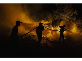 Firefighters attempt to extinguish a wildfire on peatland and fields on Sept. 23 in South Sumatra, Indonesia.