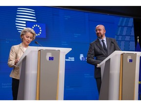 Ursula von der Leyen, president of the European Commission, left, and Charles Michel, president of the European Council