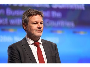 Robert Habeck, Germany's economy and climate minister, at the Group of 20 investment summit in Berlin, Germany, on Monday, Nov. 20, 2023. German Chancellor Olaf Scholz pledged €4 billion ($4.4 billion) for the Africa-EU Green Energy Initiative through 2030 and said Europe's biggest economy will import "a large proportion" of its green hydrogen needs from the continent.