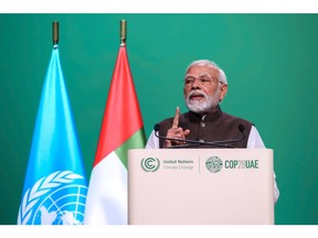 Narendra Modi, India's prime minister, speaks during a high-level segment on day two of the COP28 climate conference at Expo City in Dubai, United Arab Emirates, on Friday, Dec. 1, 2023. More than 70,000 politicians, diplomats, campaigners, financiers and business leaders will fly to Dubai to talk about arresting the world's slide toward environmental catastrophe.