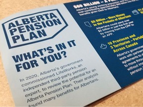 The flyer on a potential Alberta pension plan was mailed out by the provincial government in the fall of 2023. Forty-eight per cent of Albertans in a recent survey say they oppose leaving CPP, while 36 per cent say they support the move.