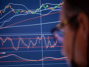 Stock trader monitors market tickers
