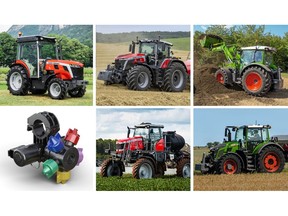 AGCO announced that six of its products and solutions won the prestigious 2024 AE50 Award for innovation and engineering excellence. The company's brand-spanning winning products include (clockwise from upper-left) Massey Ferguson's 3S and 9S series tractors, Fendt's 200 and 600 Vario series tractors, Massey Ferguson's 500R Series sprayer, and Precision Planting's SymphonyNozzle.