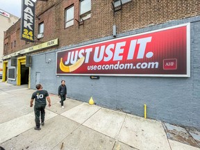 AHF's "Just Use It" billboard campaign now is running in three new cities – New York City, Chicago, and Miami – after several national out-of-home advertising companies refused the artwork back in August. This board is at 575 Washington and W. Houston in NYC.